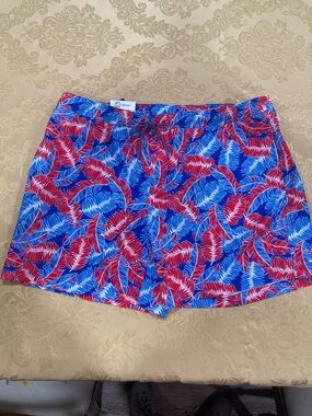 Men's Blue & Red Tropical Leaf Swim Trunks with Elastic Waist